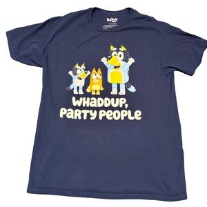 Bluey Whaddup Party People Graphic T-Shirt Mens Large Navy Blue Cotton Tee